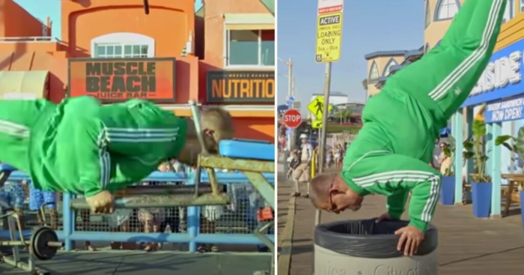 En liten och överviktig man kliver in på gymmet och sätter de vältränade killarna på plats